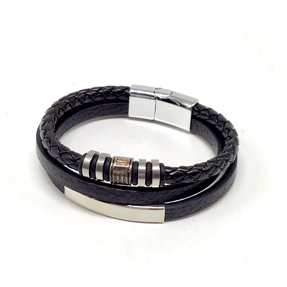 Men's Black Leather Bracelet with Silver Accents